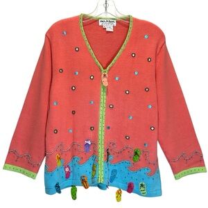 VTG Jack B. Quick Coral Embellished Beach Theme Cardigan Sweater - Extra Large
